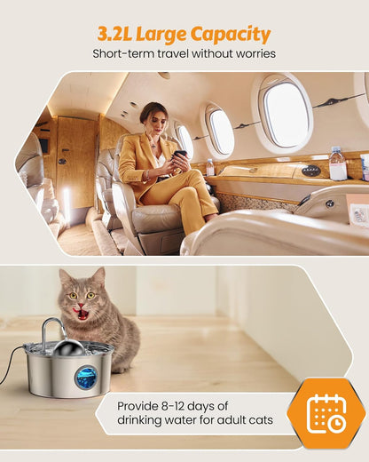 AONBOY Cat Water Fountain Stainless Steel, 108Oz/3.2L Cat Fountain, Pet Water Fountain with Water Level Window, Hemispherical Shape, Multi-Filter, Silent Pump, Water Tap, Provides Flowing Water5