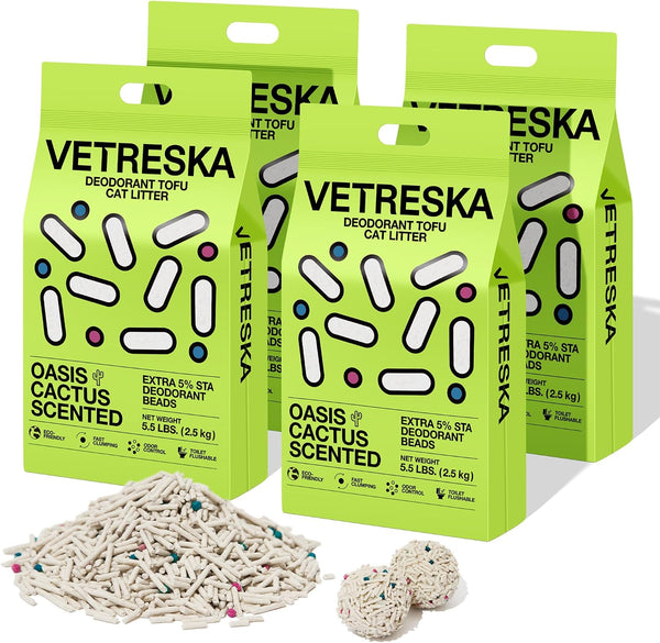 VETRESKA Tofu Cat Litter, Odor Control, Greentea 5.5Lb×2Bags | Natural Kitty Litter Strong Clumping Flushable Cat Litter Pellet Ultra Absorbent,Dust-Free,Low Tracking Deodorant Tofu Litter15