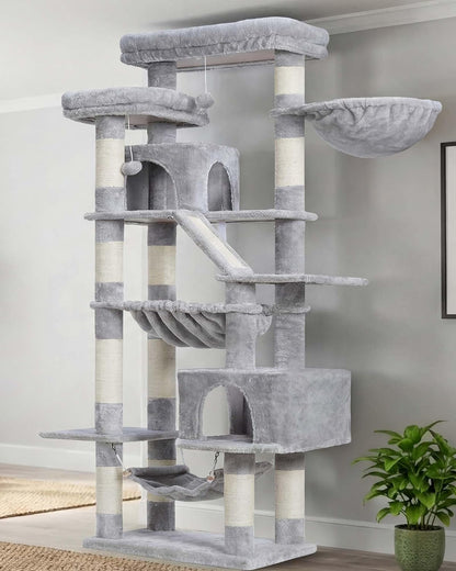 Heybly Cat Tree, 71-Inch-Tall Tower for Indoor Cats with 2 Perches HCT034W | Large Cat Furniture with 2 Big Condos, 2 Hammocks, Basket, Scratching Pad, Multi-Level Cat Condo, Light Gray2