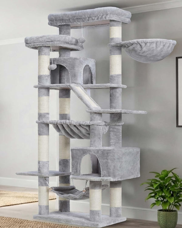 Heybly Cat Tree, 71-Inch-Tall Tower for Indoor Cats with 2 Perches HCT034W | Large Cat Furniture with 2 Big Condos, 2 Hammocks, Basket, Scratching Pad, Multi-Level Cat Condo, Light Gray2
