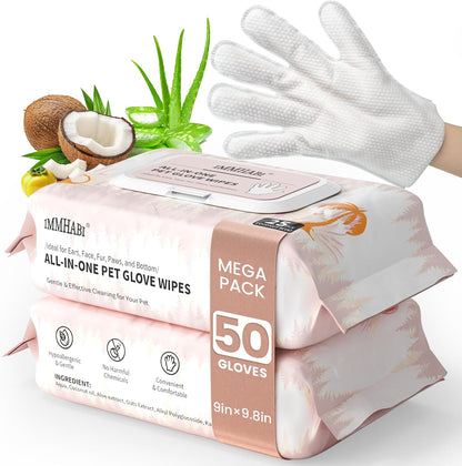 IMMHABI 50 Count Cleaning Deodorizing Pet Glove Wipes for Dogs & Cats, Hypoallergenic Dog Bath Wipes with Natural Deodorizer Persimmon Tannin, Pet Bathing Wipes for Horse Coat Care Coconut Scent1