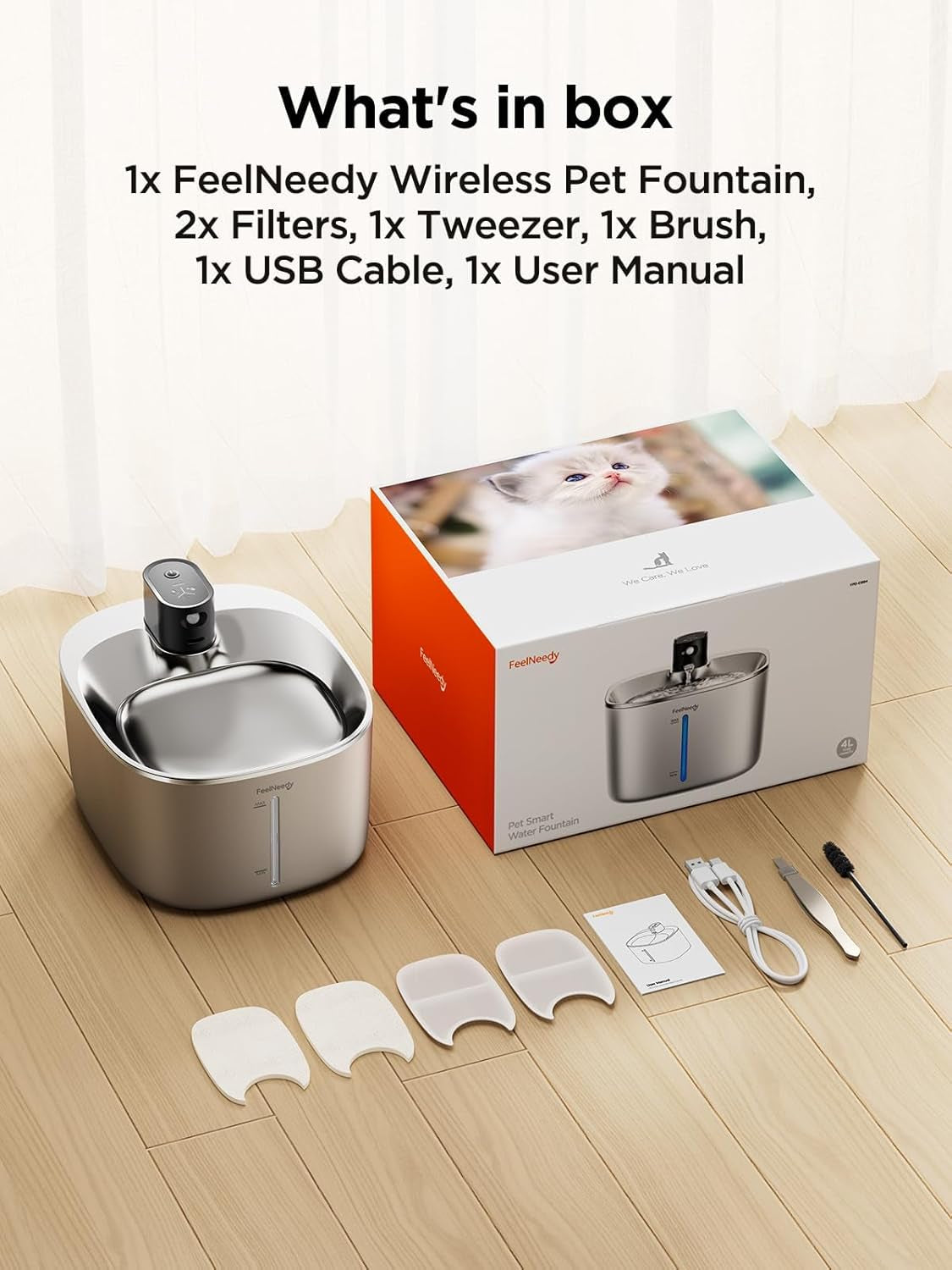 feelneedy-wireless-cat-water-fountain-stainless-steel-with-sensor-4000mah-battery-operated-4l-135fl-oz-pet-water-fountain-for-cats-dogs-ultra-quiet-cat-drinking-fountain-with-2-filters-ypd-c004s