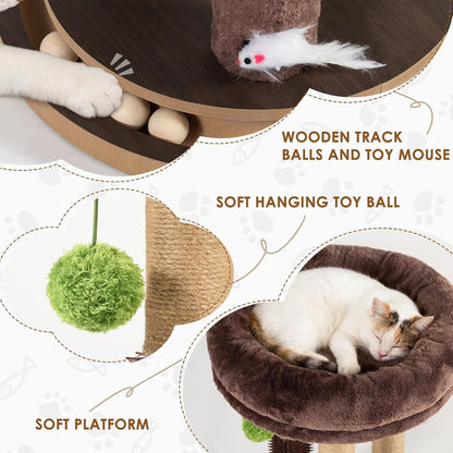 22 Inch Heavy-Duty Cat Scratching Post with Cozy Plush Bed, 3 Sisal Scratching Posts, Interactive Cat Scratcher with Grooming Brush, Hanging Pom-Pom, Track Balls & Mouse Toy for Indoor Cats4