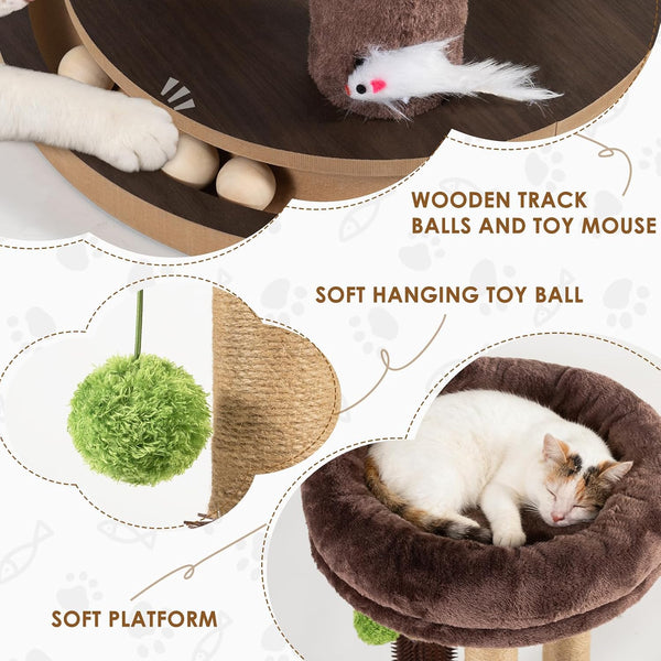 22 Inch Heavy-Duty Cat Scratching Post with Cozy Plush Bed, 3 Sisal Scratching Posts, Interactive Cat Scratcher with Grooming Brush, Hanging Pom-Pom, Track Balls & Mouse Toy for Indoor Cats4