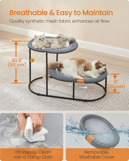Feandrea 2-Tier Elevated Cat Hammock Bed, Breathable Furniture for Multi-Cat Households Indoor and Outdoor, with Removable Washable Mesh, Steel Frame, for Summer, Dove Gray UPCB012G015