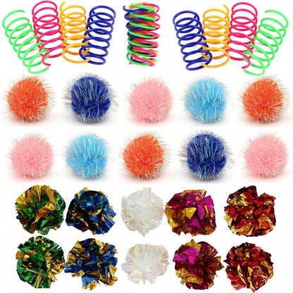 LASOCUHOO Cat Toys, 30 Packs Interactive Cat Toy Pack Including Cat Crinkle Balls, Cat Sparkle Balls, Spiral Springs for Kitten （Random Color）1