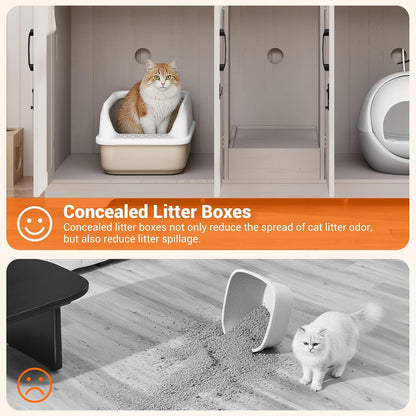 59.1" Cat Litter Box Enclosure for 2 Cats, Hidden Litter Box Furniture with Power Outlet & Removable Hallway, Lockable Door & Anti-Tip Design, Farmhouse Litter Box Cabinet with Magnetic Door, White4