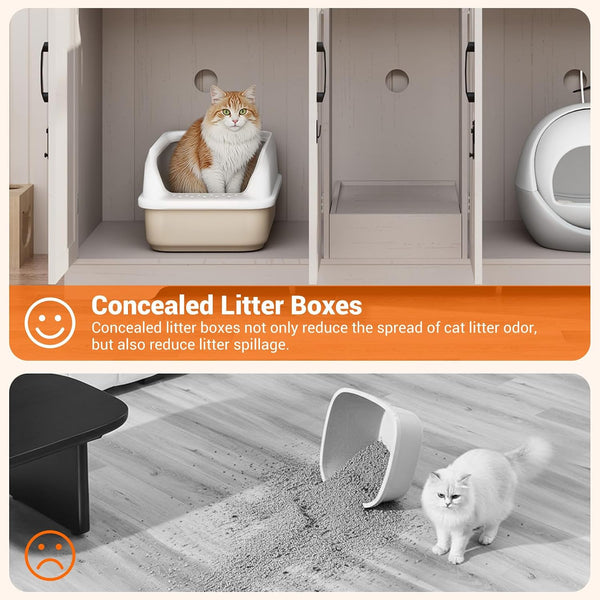 59.1" Cat Litter Box Enclosure for 2 Cats, Hidden Litter Box Furniture with Power Outlet & Removable Hallway, Lockable Door & Anti-Tip Design, Farmhouse Litter Box Cabinet with Magnetic Door, White4