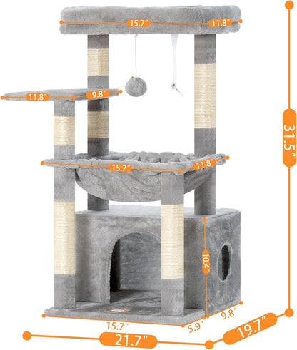 Heybly Cat Tree, Kitten Tower with Large Soft Cat Basket,Cat Condo with Spacious Cat Bed Cave with Hidden Space，Sisal-Covered Scratching Posts,Dangling Ball for Indoor Cats, Light Gray HCT008SW6
