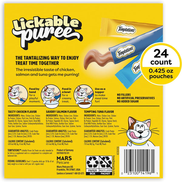 Temptations Creamy Puree Cat Treats, Chicken, Salmon & Tuna, 24 Count | under 15 Calories per Tube, Great for Senior Cats, No Chewing Required, No Added Sugar, Fillers, or Artificial Preservatives10