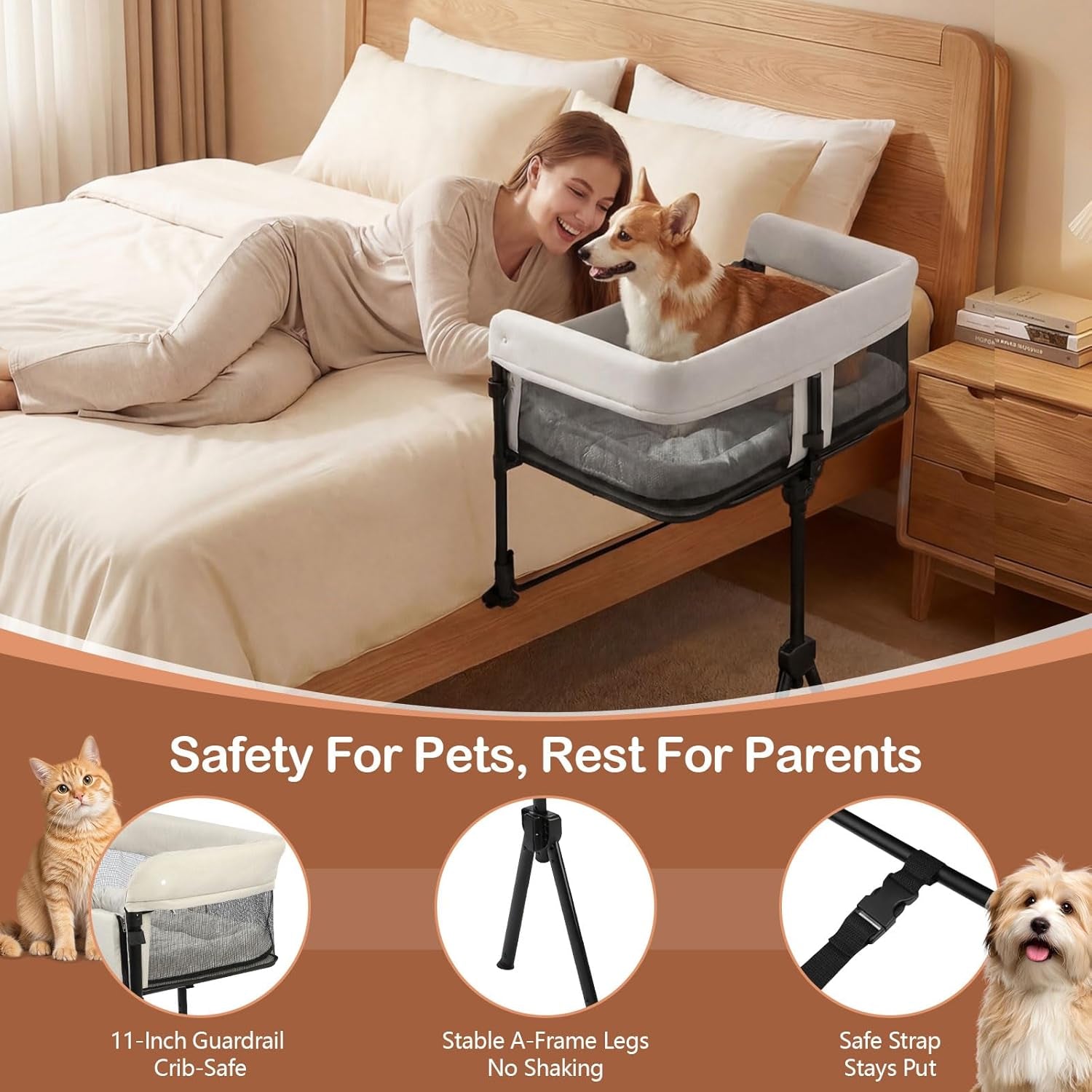bedside-dog-bed-adjustable-to-human-bed-height-11-inch-guardrail-foldable-portable-pet-bed-attachment-improves-owners-sleep-quality-for-small-size-dogs-40-lbs-all-cats