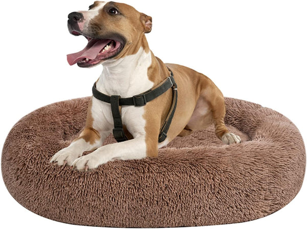 Coohom Oval Calming Donut Cuddler Dog Bed,Shag Faux Fur Cat Bed Washable round Pillow Pet Bed(30"/36"/43") for Medium Dogs (Xl(36"X27"X7"),Light Brown)8