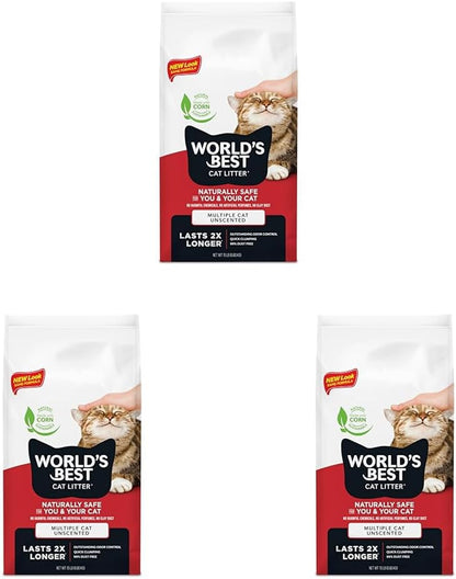 World'S Best Cat Litter, Multiple Cat, Unscented, Odor Control, 15 Lb Bag | Controls Tough Multi-Cat Odors and Lasts 2X Longer; Natural Corn Litter, Quick Clumping, Flushable, 99% Dust Free12