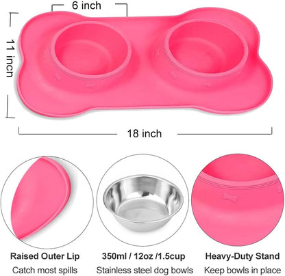Asfrost Dog Food Bowls Stainless Steel Pet Bowls & Dog Water Bowls with No-Spill and Non-Skid, Feeder Bowls with Dog Bowl Mat for Dogs Cats and Pets-Pink, 24 0Z in Total2