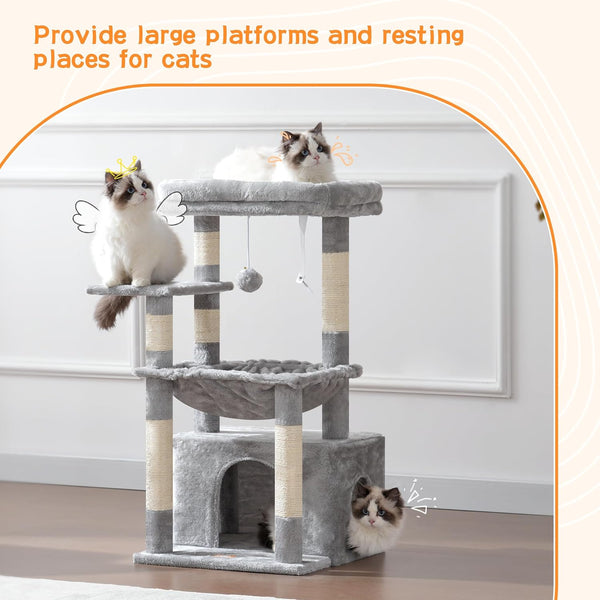 Heybly Cat Tree, Kitten Tower with Large Soft Cat Basket,Cat Condo with Spacious Cat Bed Cave with Hidden Space，Sisal-Covered Scratching Posts,Dangling Ball for Indoor Cats, Light Gray HCT008SW2