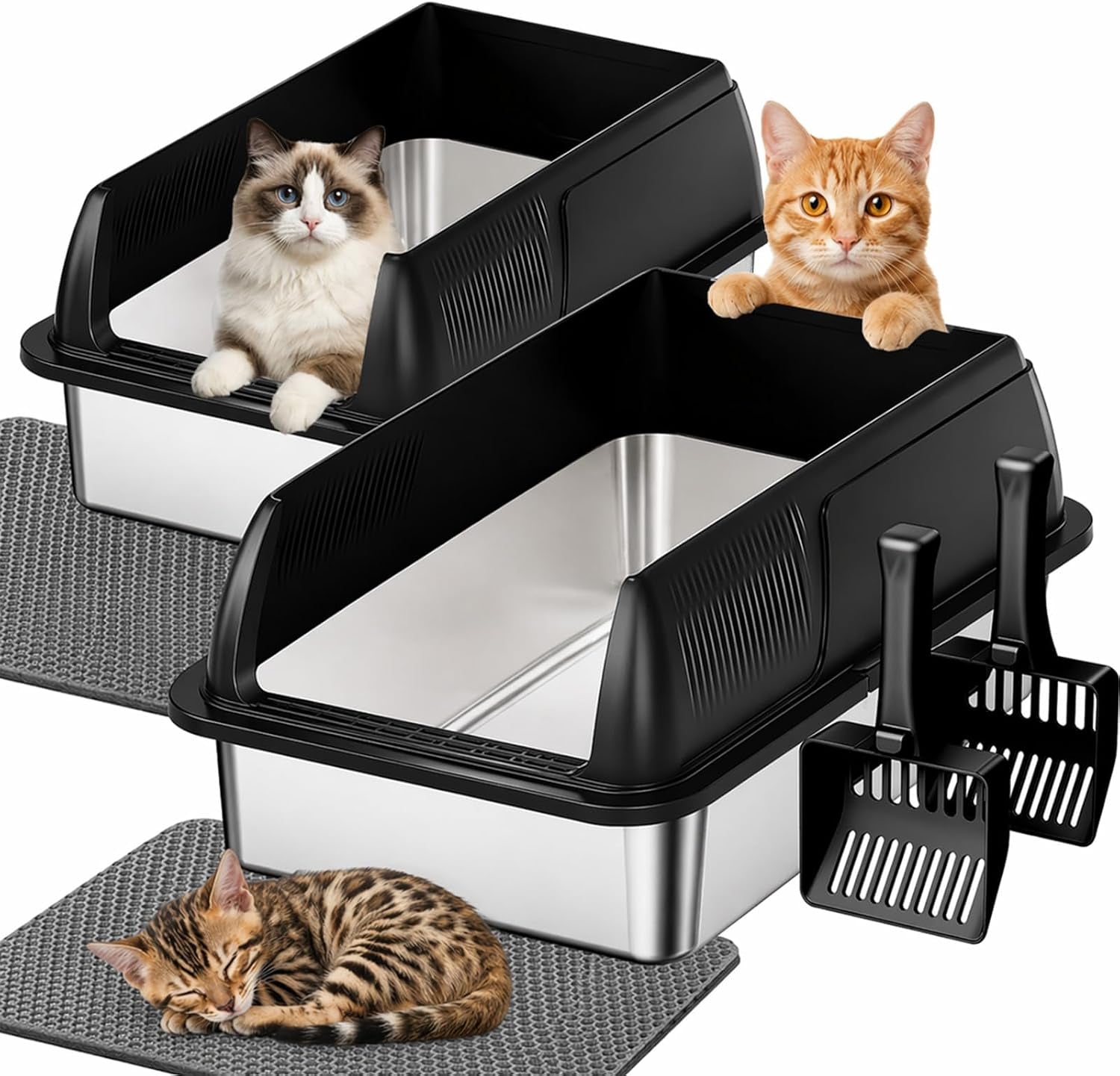 gimars-2-pack-xl-stainless-steel-cat-litter-box-for-big-senior-cats-multi-cat-metal-litter-pan-with-high-sides-odor-resistant-easy-clean-includes-litter-scoop-litter-mat-anti-slip-pads
