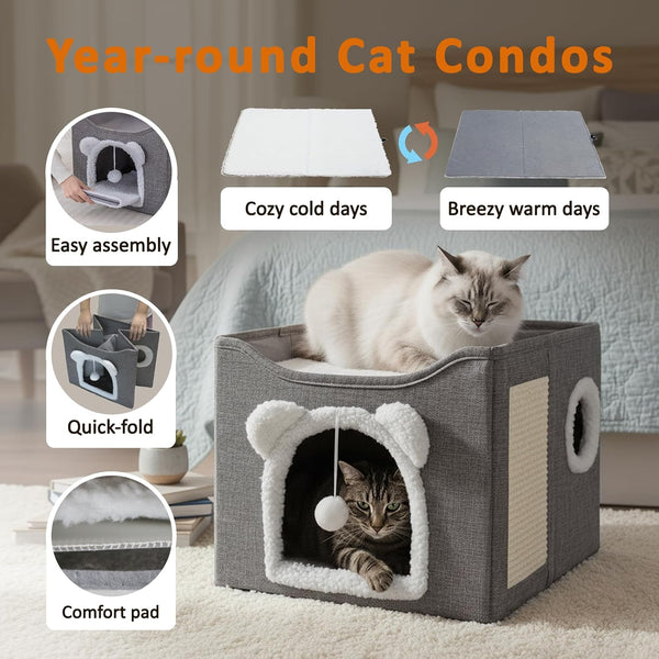 Cat Houses for Indoor Cats, Large Cats Bed Cave, Kitten Cube Box,Cat Condo with Scratching Pad, Hanging Fluffy Ball & Peekaboo Window, Foldable Hideaway Hand-Washable(16X16X13.3 Inches,Grey)3