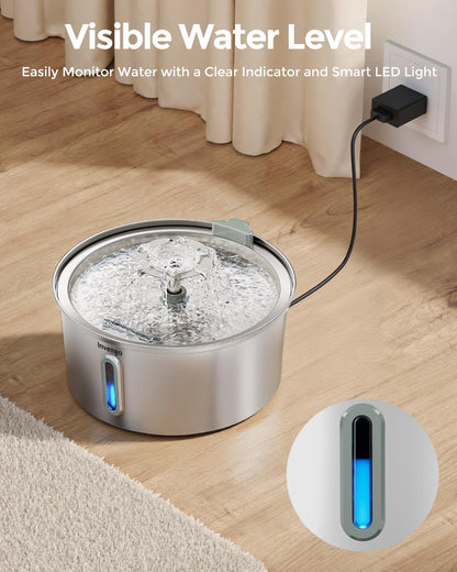 Cat Water Fountain Stainless Steel 3.2L/108Oz, Invengo Automatic Pet Fountain for Cats & Dogs, Ultra Quiet <25 Db Pump, Includes 4 Replacement Filters & Sponges, LED Water Level Window, Easy to Clean7