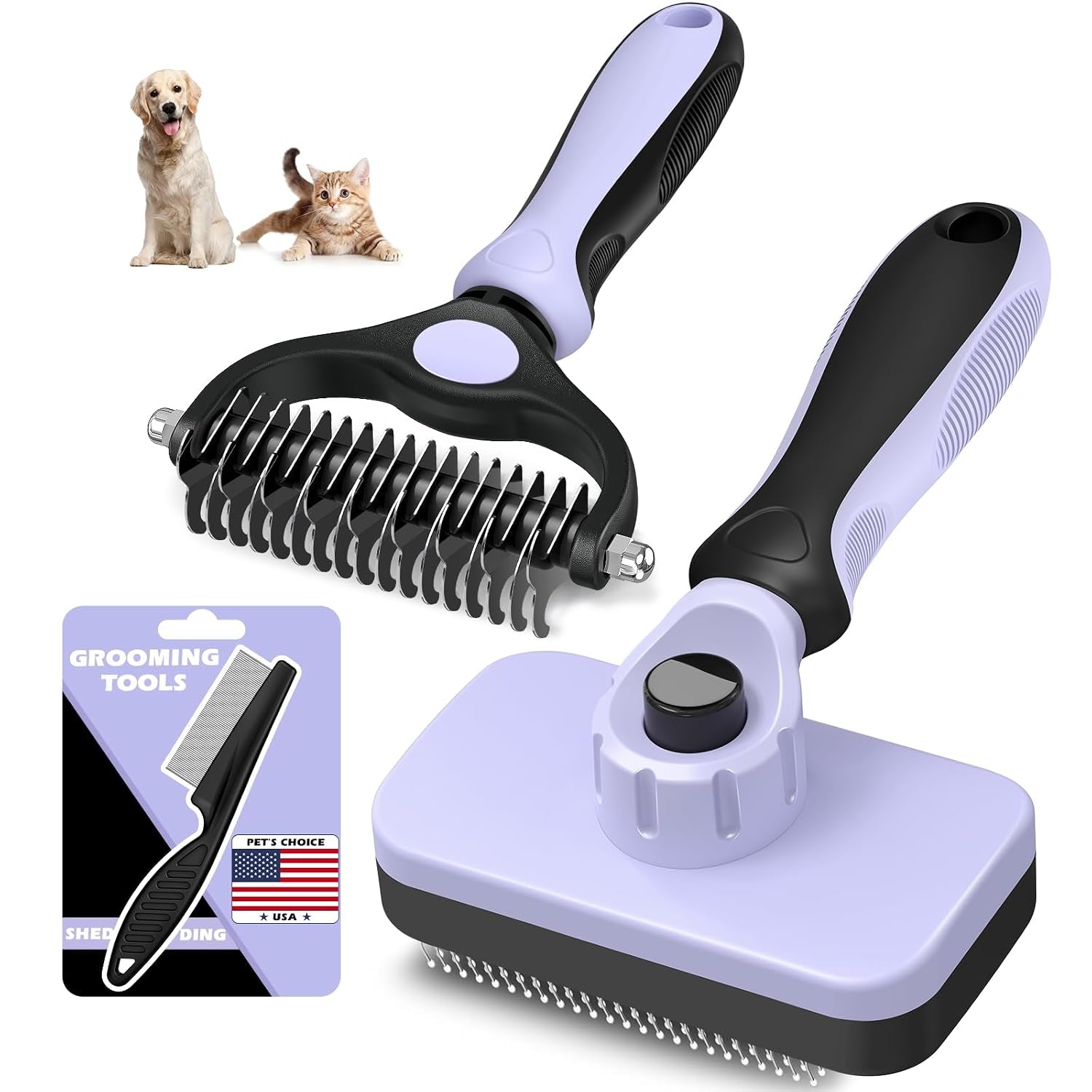 professional-3pcs-self-cleaning-slicker-brush-pet-grooming-rake-flea-comb-for-dogs-cats-and-horses-double-sided-dematting-comb-skin-friendly-deshedding-grooming-tool-pet-supplies-blue