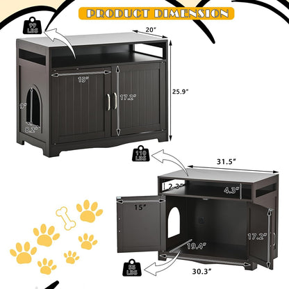 31.5" L Walnut Cat Litter Box Enclosure with Hidden Plug & 2 Doors, Indoor Large Cat Washroom Storage Bench Side Table2