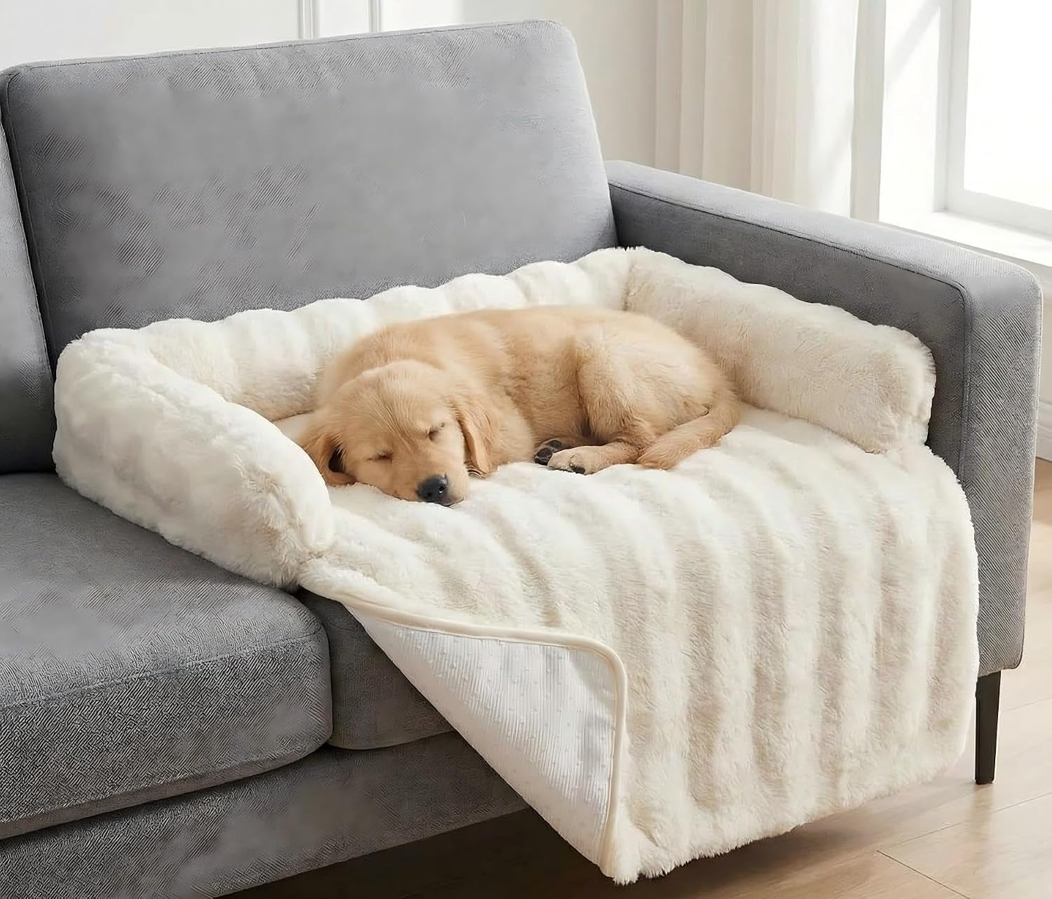 calming-dog-bed-for-couch-29-5-x-29-5-inch-dog-sofa-mat-machine-washable-3-sided-bolster-faux-rabbit-fur-plush-non-slip-bottom-water-resistant-furniture-protector-for-small-medium-dogs-cats