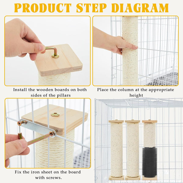 Aliceset 3 Pack Cat Scratching Post for Crate Cage 13 Inch Wooden Sisal Cage Mounted Scratching Post with Self Groomer and Massager for Grinding Claws and Climbing4