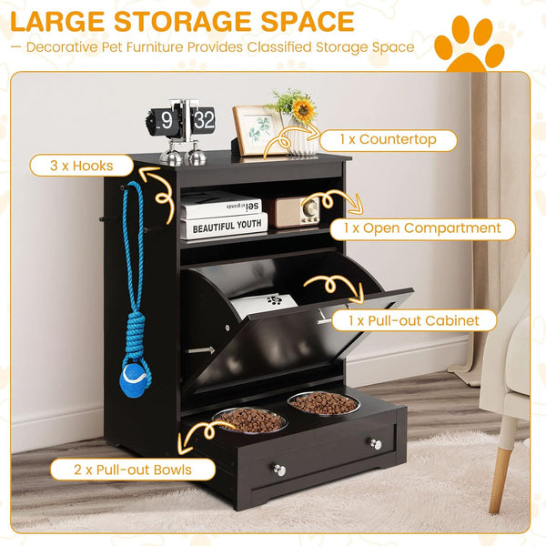 Tangkula Pet Feeder Station, Dog Food Storage Container with Double Pull Out Bowls, Food Toy Organizer Cabinet, Feeding Station Furniture for Dogs Cats Feeding & Watering Supplies (Brown)4