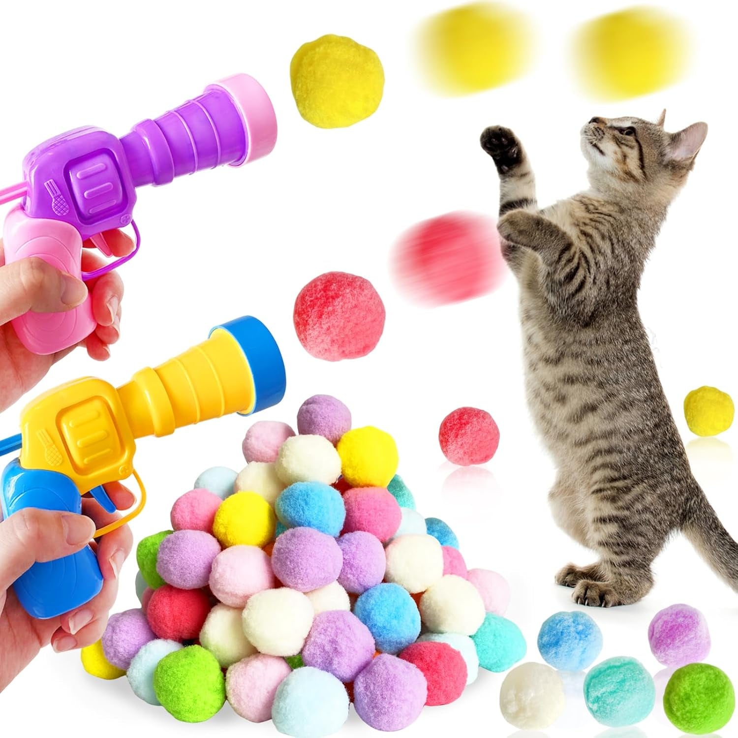 2-cat-toy-launchers-100-cat-pom-pom-balls-cat-toys-balls-launcher-launch-ball-interactive-toy-silent-plush-elastic-ball-for-kitty