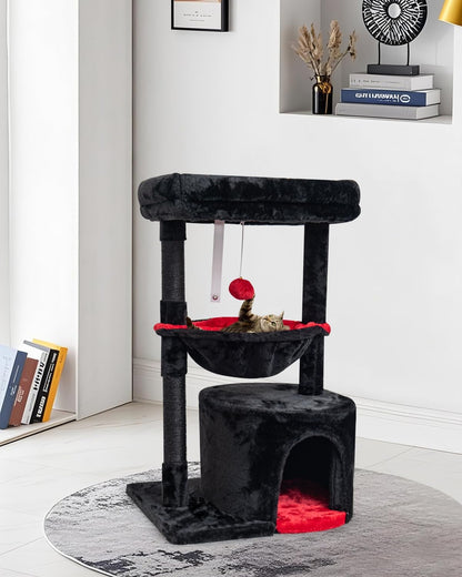 SYANDLVY Gothic Cat Tree with Coffin Bed for Indoor Cats, Modern House | Small Activity Tower with Scratching Post, Condo & Cradle, Kittens Cave, Black & Red7