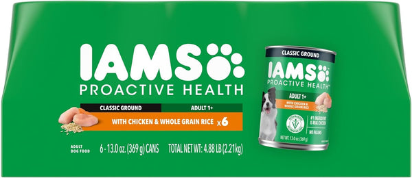 IAMS Proactive Health Ground Wet Dog Food, Chicken, 13 Oz, 12 Pack | Made with Real Chicken, Omega-6 for Skin & Coat, No Fillers or Artificial Flavors, 100% Complete & Balanced Adult Maintenance13