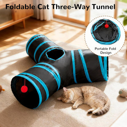 Tempcore Pet Cat Tunnel Tube Toys 3 Way Collapsible, Tunnels for Indoor Cats, Interactive Tube with Teaser Wand, Peek Holes & Hanging Ball, Black & Blue6
