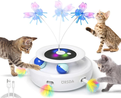 ORSDA Cat Toy, 3-In-1 Automatic Interactive Electronic Moving Ambush Feather, Fluttering Butterfly, Track Balls, USB Rechargeable Powered Smart Indoor Exercise Kicker1