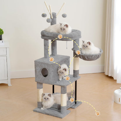 Heybly Cat Tree, 45.3-Inch Cat Tower for Indoor Cats with Large Perch, All-In-One Cat Furniture with Cozy Bed, Hidden Space Cat Condo, Comfy Hammock, Scratching Posts & 3 Pompoms, Light Gray HCT202SW3