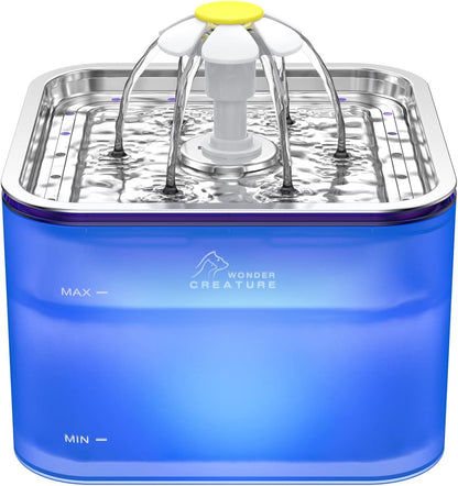 Wonder Creature Crystal Cat Water Fountain Stainless Steel Lid, 101Oz/3L | Pet Fountain with Transparent Base, Quiet Pump, LED Indicator Light, Triple Filtration, 3 Flow Modes for Cats and Dogs1
