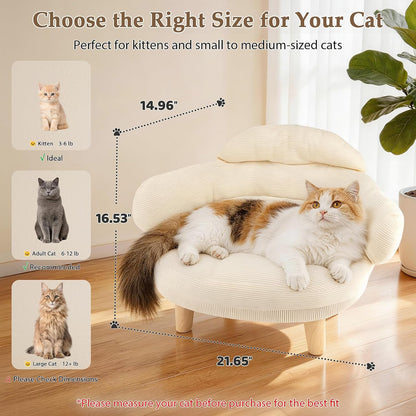 Cat Sofa Furniture-Style Pet Bed with Removable Cotton Velvet Cover, Solid Pine Wood Legs, for Cats and Small Dogs, White3