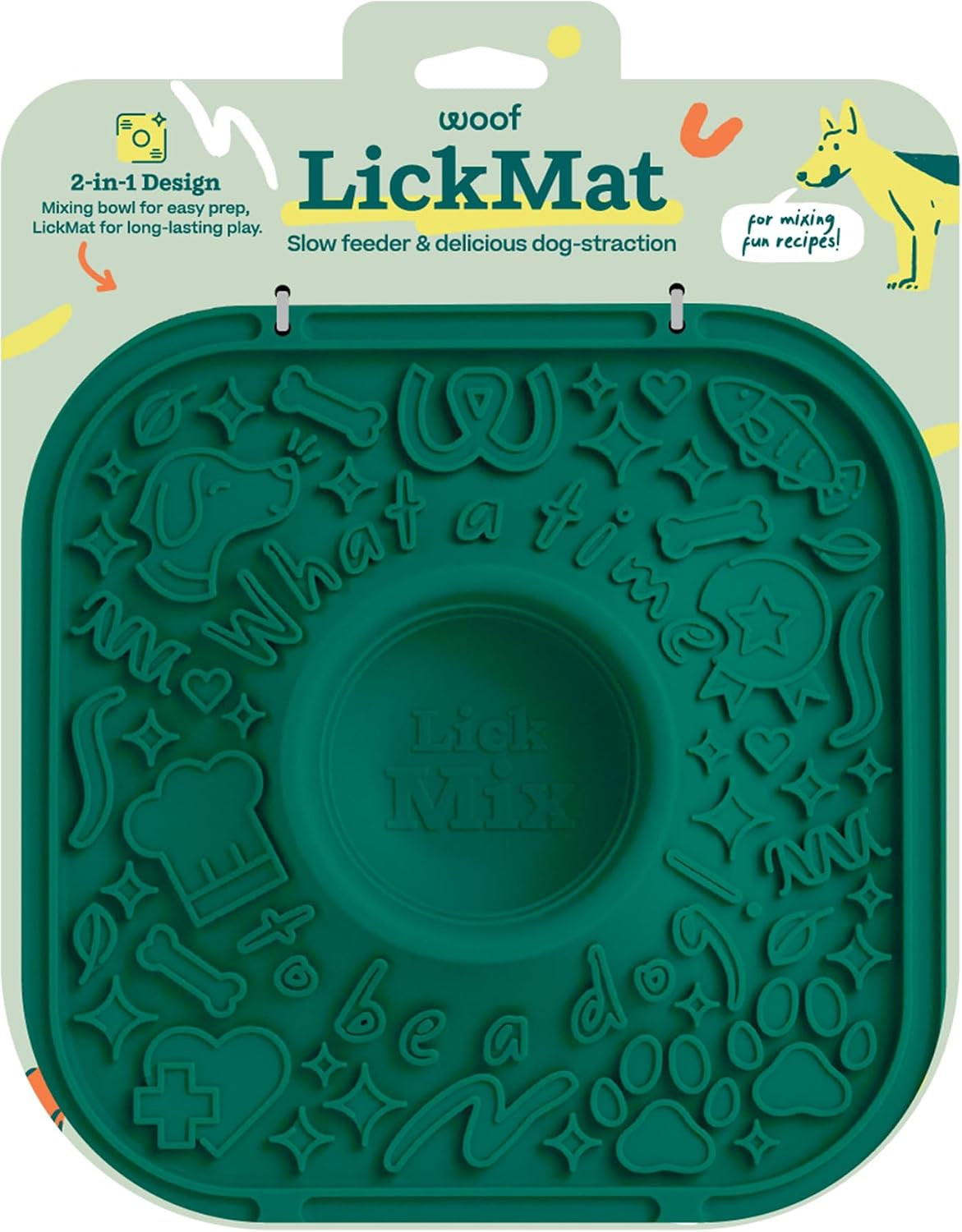 woof-lickmat-slow-feeder-mat-for-dogs-green-built-in-mixing-bowl-bpa-free-silicone-non-slip-suction-cups-dishwasher-safe-easy-to-clean