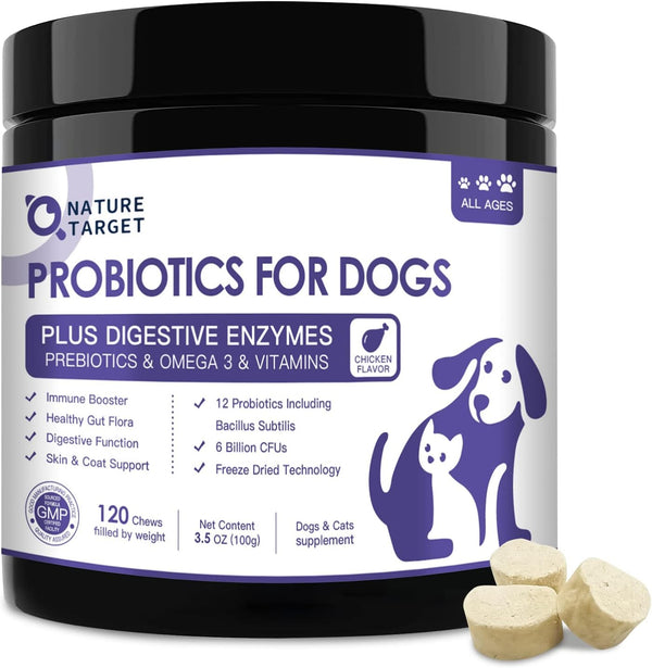 NATURE TARGET 6 Billion Freeze Dried Probiotics for Dogs, 120 Bites | with Prebiotics & Enzymes, Vitamins & Omega 3, Support Digestive & Gut Health, Itch Relief, Reduce Diarrhea1