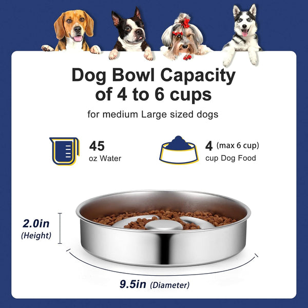 AIPERRO Stainless Steel Non Slip Slow Feeder Dog Bowl, 4 Cups Metal Dog Food Bowls for Medium and Large Dogs, Fun Bloat Stop Pet Bowl Dogs Water Bowl for Fast Eaters, Slows down Pets Eating4