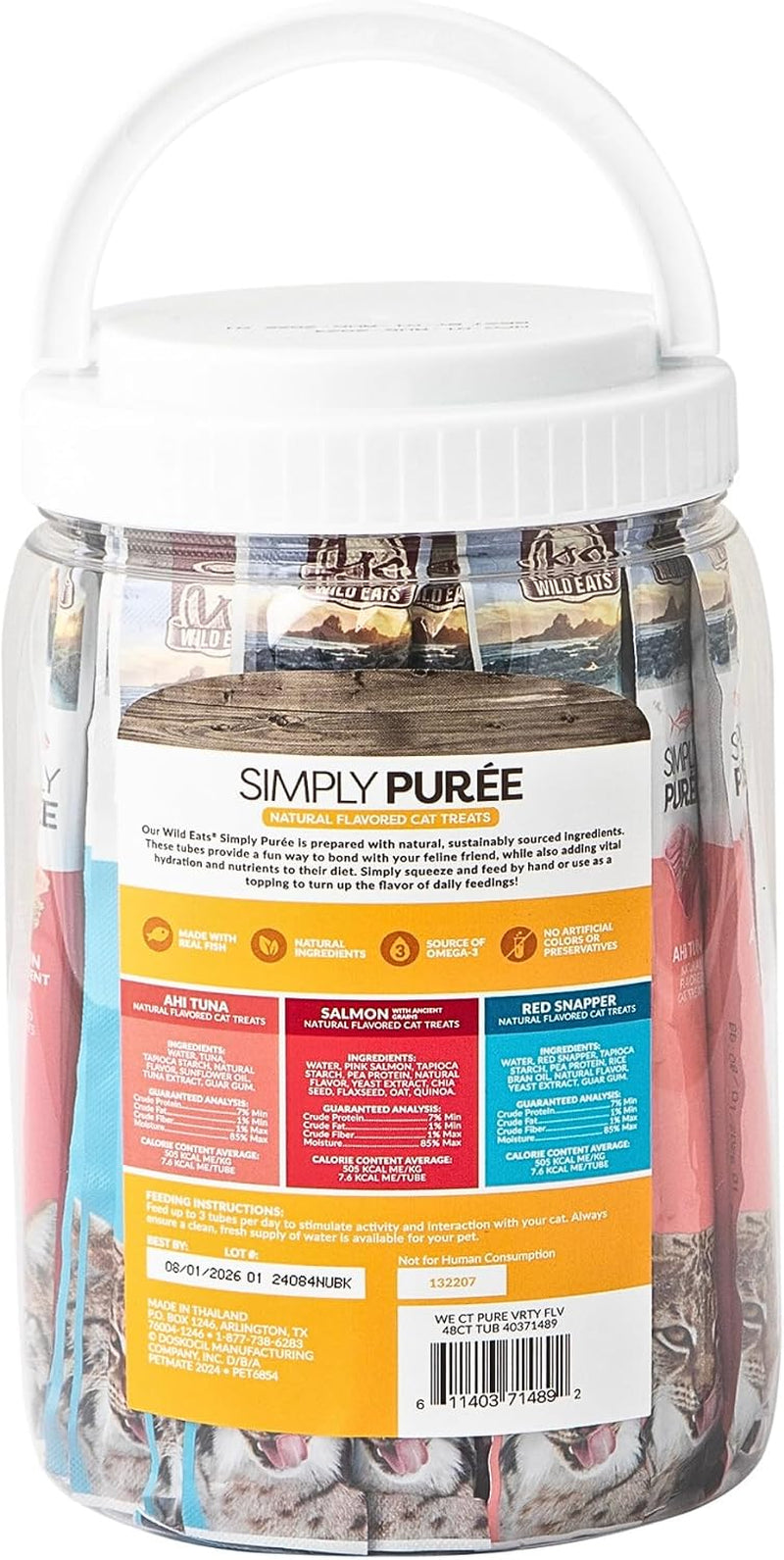 wild-eats-simply-puree-variety-pack-cat-treats-tub-48-servings-grain-free-all-natural-high-protein-recipe-no-artificial-additives-smooth-lickable-texture-easy-individual-portions-for-happy-felines