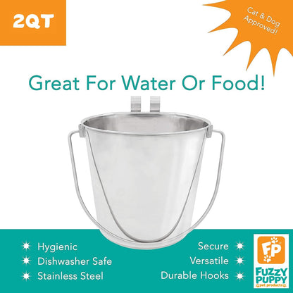 Fuzzy Puppy Flat Sided Pail with Dual Hooks, Snugly Fit on Dog, Cat and Critter Crates & Cages, Heavy Duty Stainless Steel | 2 Quart (PN: FSP-2)5