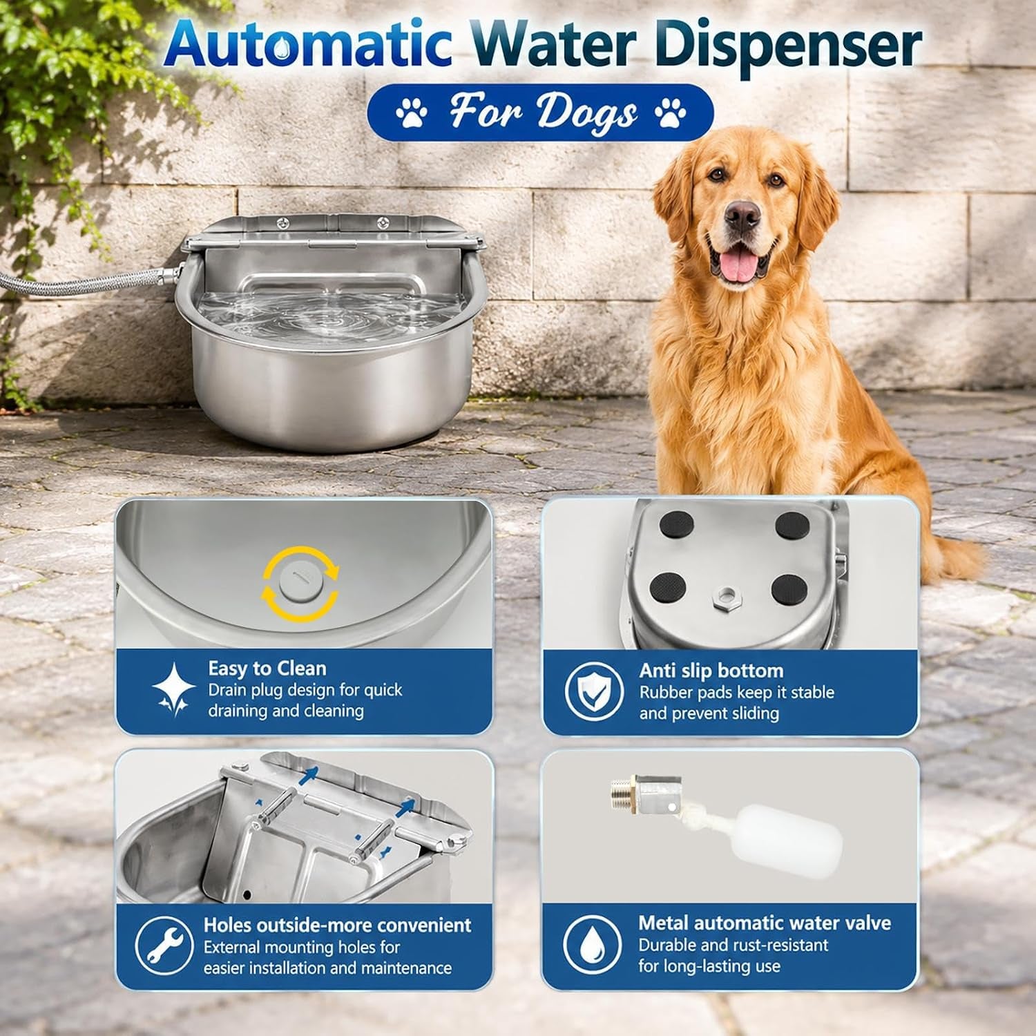bwogue-automatic-water-dispenser-for-dogs-1gal-outdoor-automatic-water-bowl-outdoor-dog-water-dispenser-with-float-valve-stainless-steel-bowl-1-2-in-3-4-in-faucet-fit-wall-ground-use-dogs-chickens