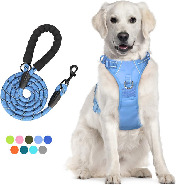 Poypet No Pull Dog Harness and 5 Feet Leash Set, Release on Neck Reflective Adjustable Pet Vest, Front & Back 2 D-Ring and Soft Padded Pet Harness with Handle for Small to Large Dogs(Grey,L)10