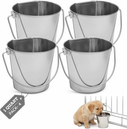 Flat Side Stainless Steel Bucket 2 Quart Hanging Feeding Utility Pail for Small Dog Cat Birds, Fits Kennel Cage Compatible, Heavy Duty Food & Water Feeder, 0.5 Gallon Silver Bucket 4 Pack14