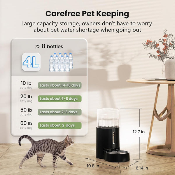 CZPET Automatic 4L/135Oz/1Gal Cat Water Dispenser with Stainless Steel Bowl, Gravity Waterer for Small Medium Dog Puppy Kitten (Black) | with Stainless Steel Bowl, Gravity Waterer for Small Medium Dog Puppy Kitten3