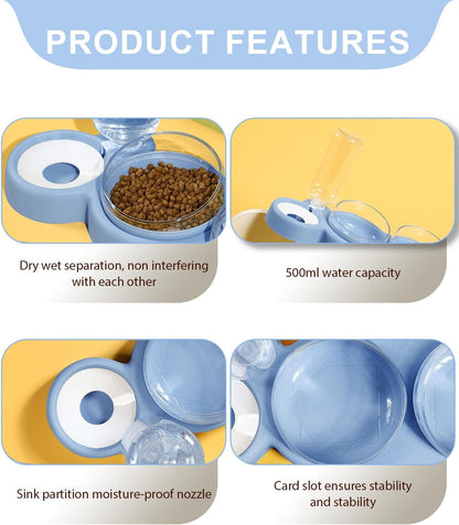 Cat Bowls Set，3 in 1 15°Tilt Water Feeder Bowls Cat Double Food Bowls with 500Ml Dispensing Bottle for Small & Medium Pets,Lightweight & Easy to Clean3