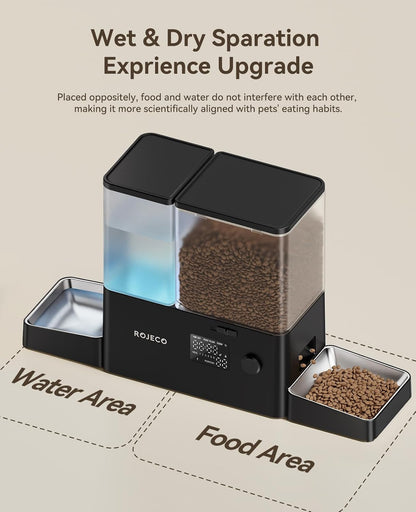 Rojeco 36Cups/8.5L Pet Automatic Cat Feeder and Gravity Water Dispenser,Stainless Steel Bowls 2-In-1 Set Large Capacity 5L Food Feeder and 3.5L Water Fountain for Cats,Pets,Small Dogs,Black3