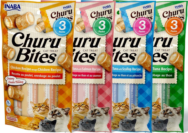 INABA Churu Bites for Cats, Soft Baked Chicken Churu Filled Cat Treats with Green Tea Extract, 0.35 Ounces Each Tube, 12 Tubes Total, 4 Flavor Variety1
