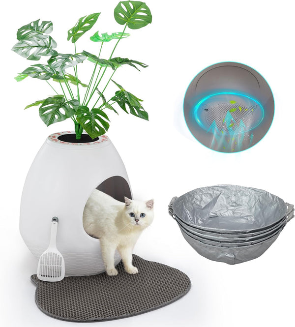 Eggloa6 Hidden Cat Litter Box with Artificial Plants ＆ Odor Removal System, Egg-Shaped Enclosure Includes Scoop ＆3PCS Liners Secret, Discreet Furniture, DIY Assembly Cat Litter Box Cabinet (Brown)11