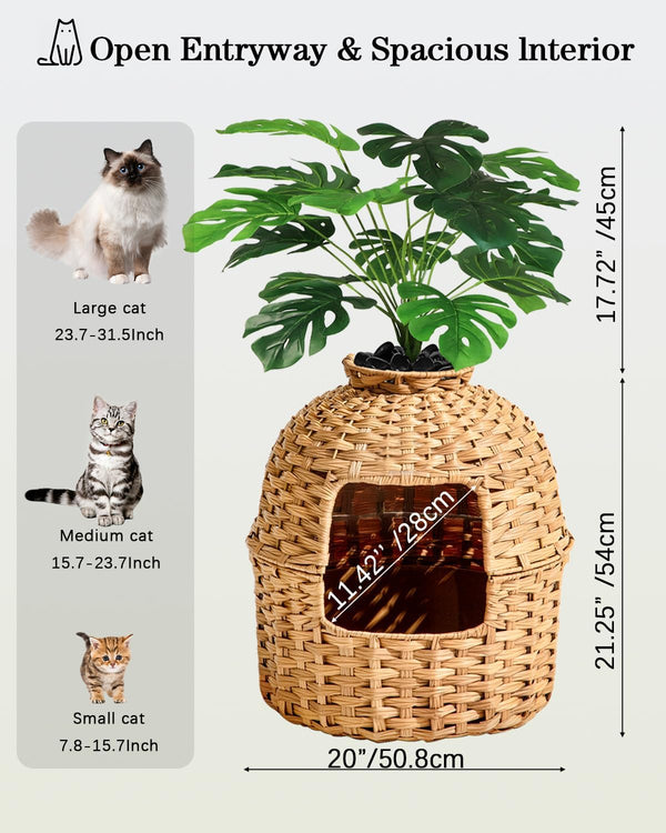 SETVSON Cat Litter Box Plant Furniture Enclosure, Rattan PE House, Natural | Decorative Planter Design, Removable Top for Easy Cleaning, Includes Artificial Plants, Real Stones, 20 X 20 Inches5