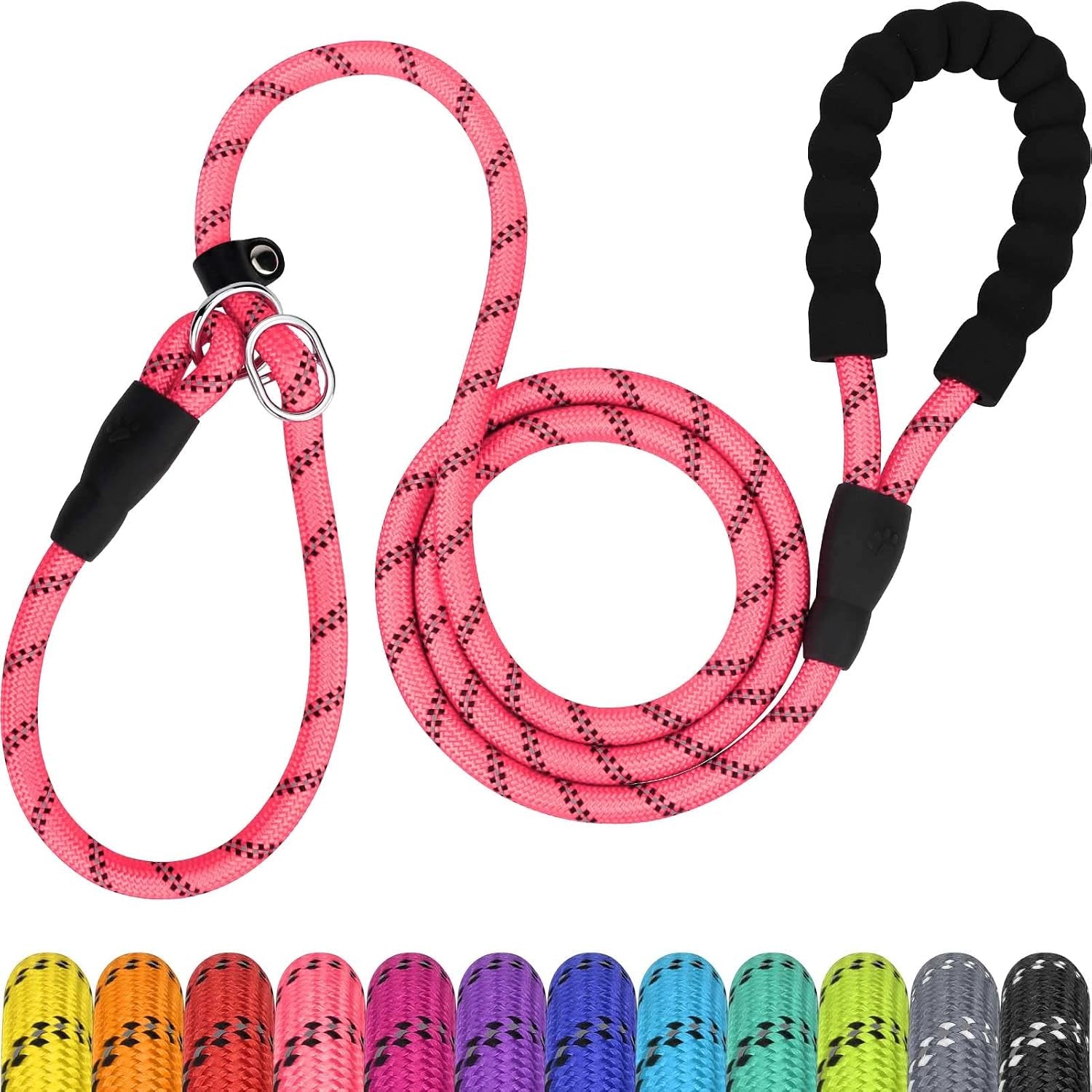 tagme-slip-lead-for-dogs-no-pull-training-leash-padded-handle-hot-pink-braided-climbing-rope-reflective-stitching-6-ft-fits-small-to-large-dogs-up-to-250-lbs-cushioned-grip-no-leash-burn